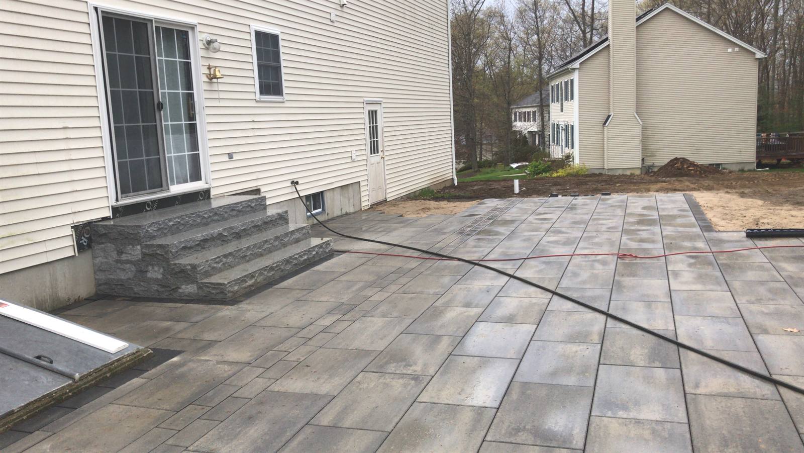 Modern paver patio with granite steps, Massachusetts