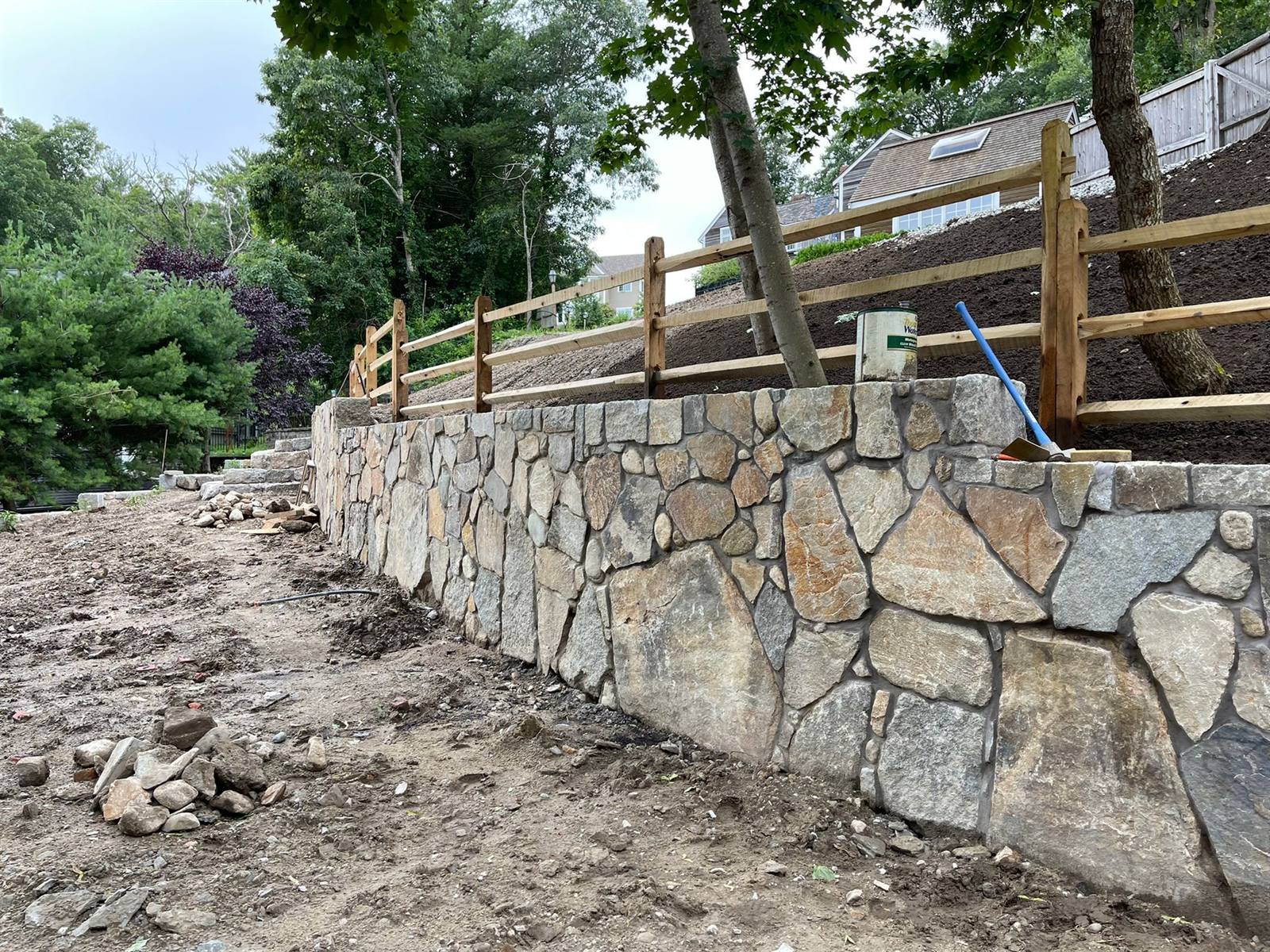 Stone and block retaining wall in Massachusetts